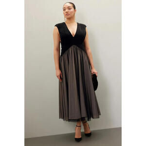 Badgley Mischka Velvet Top Tulle Bottom Drop Waist Midi Dress Black - Sz 10